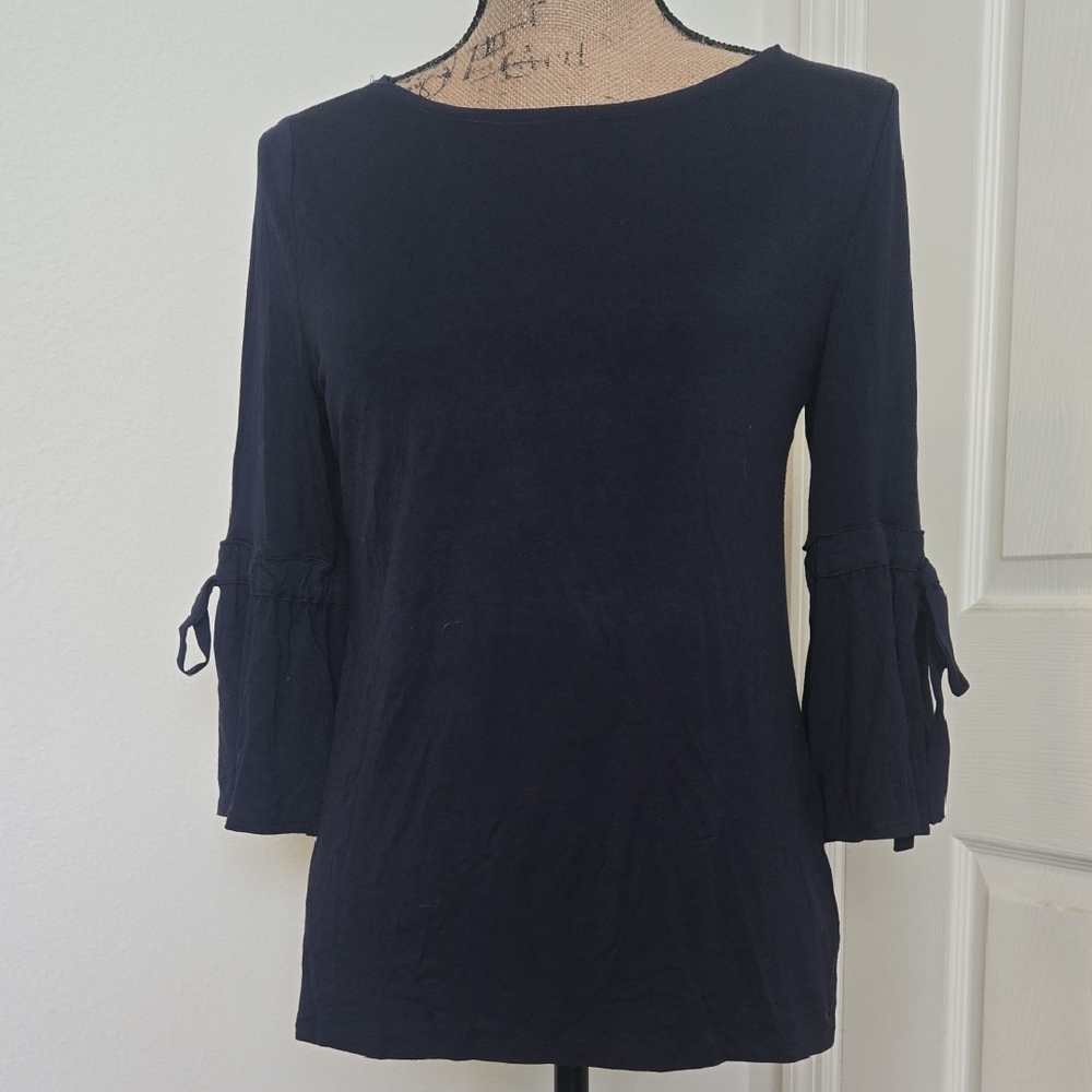 White House Black Market Navy Blouse with Tie Sleeves
